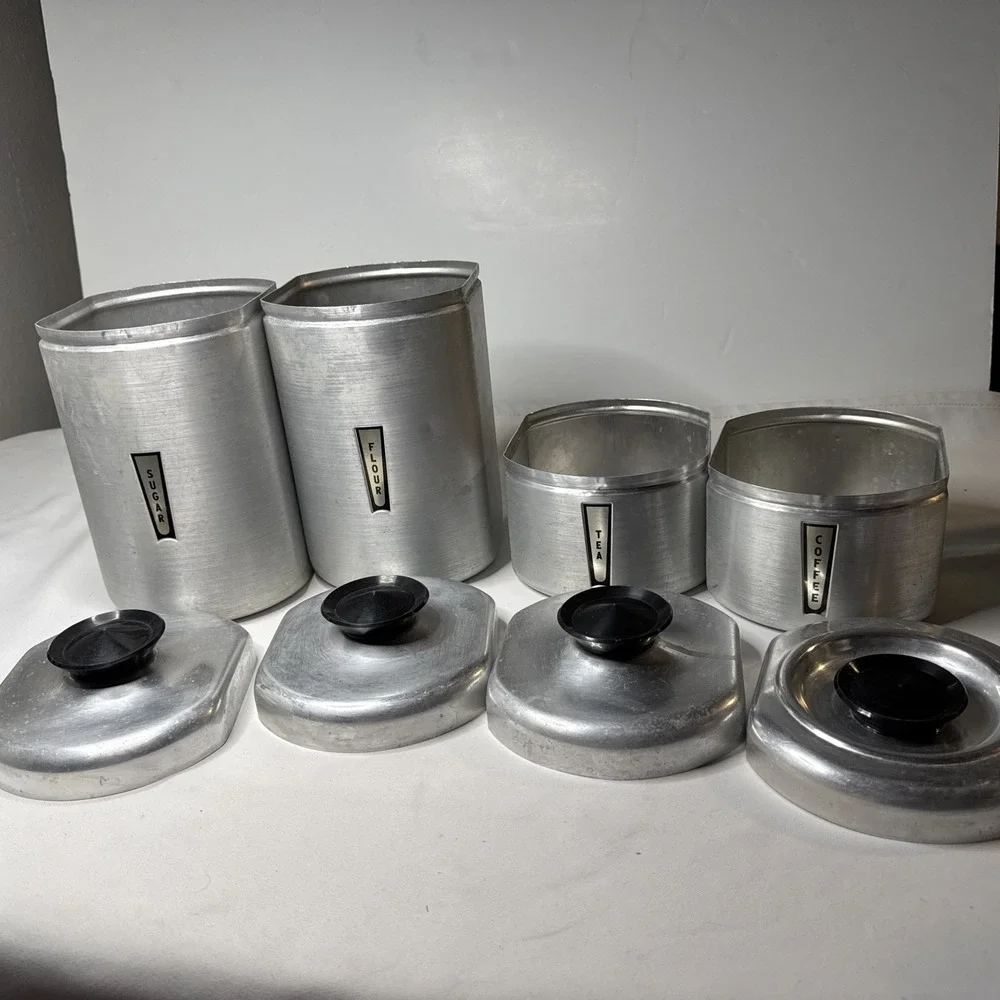 Vintage Set of (4) 1950s Kromex Aluminum Mid Century Canister Set Farm House